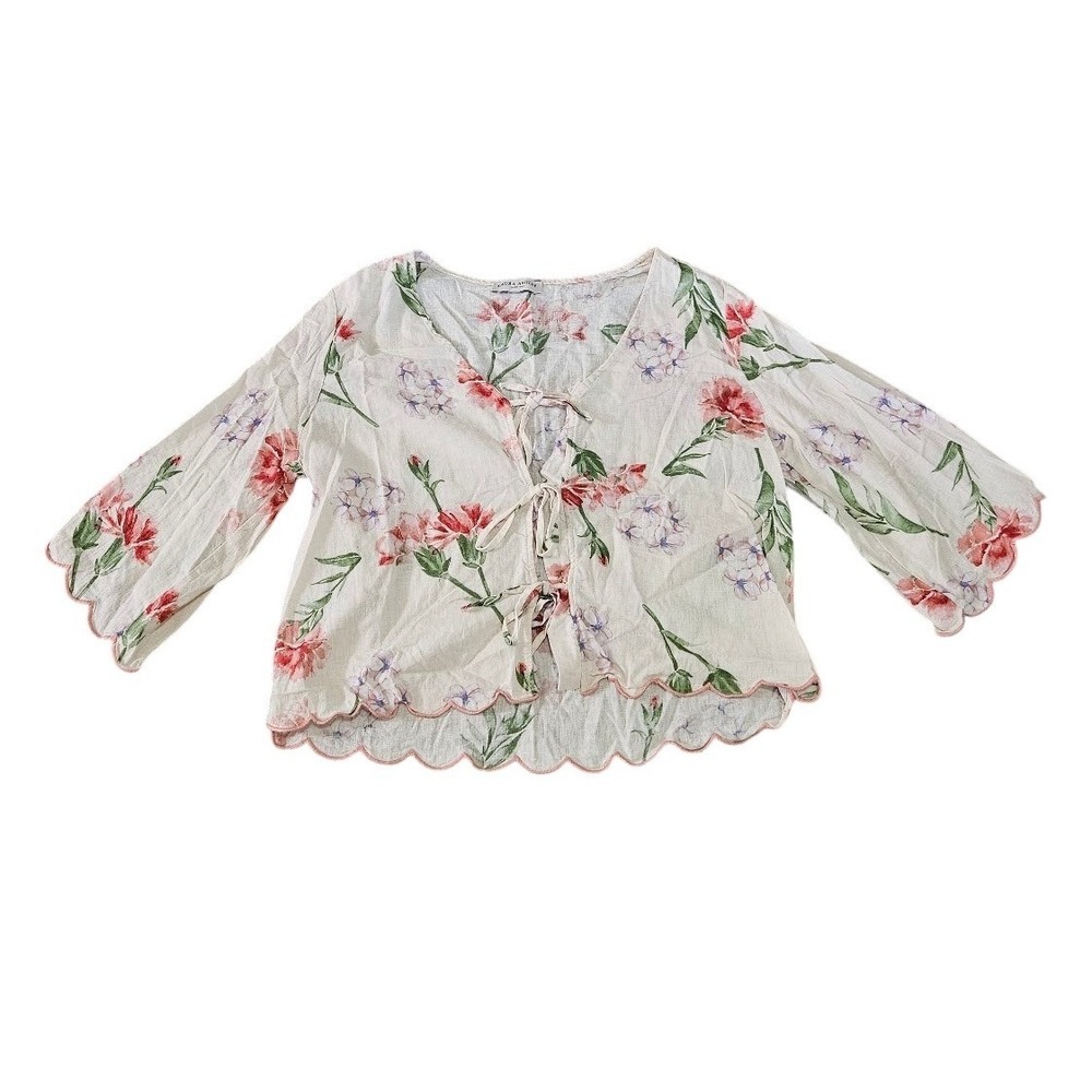 Laura Ashley Floral Tie Front Linen Blend Scalloped Hem Cardigan Top Small Pink